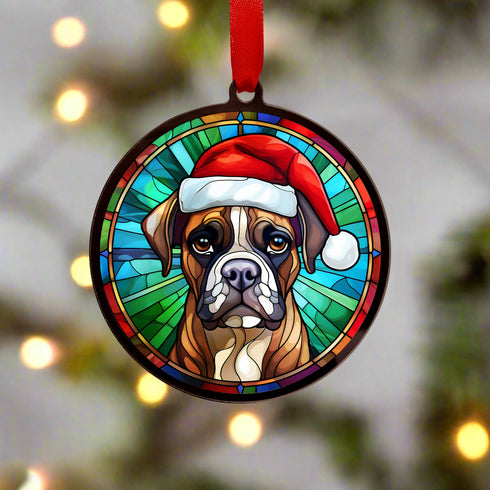 Boxer in Santa Hat Suncatcher Decoration